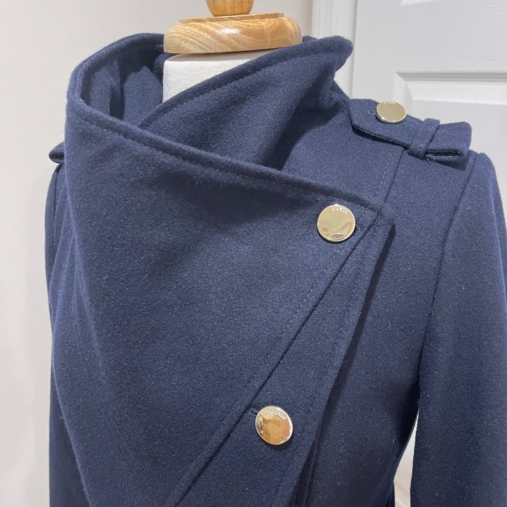 GUESS Asymmetric wrap belt button front lined over wool Navy coat size M